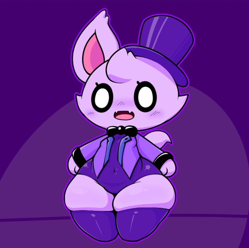 black_bowtie blush bowtie fur furry latex_stockings latex_suit mrslow13957180 purple_background purple_fur purple_hat rabbit stockings tail thick_thighs white_eyes