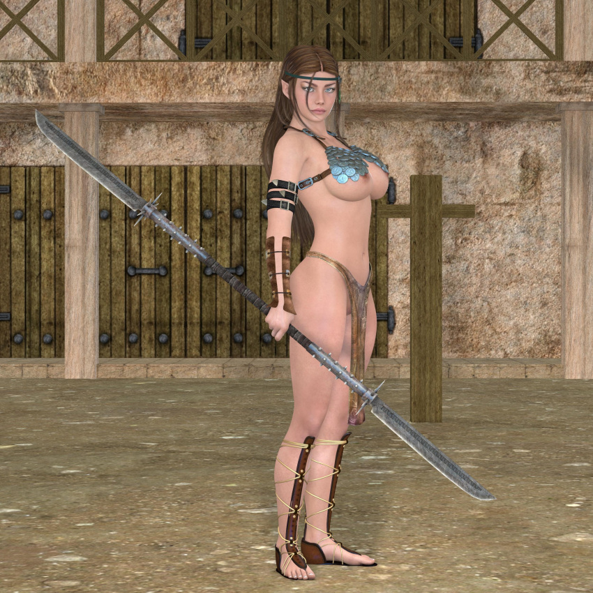 1girls 3d brown_hair cb1964 elf elf_female gladiator gladiatrix loincloth original spear weapon