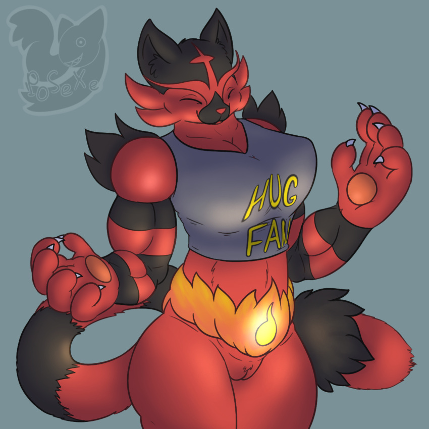 5_fingers anthro anthrofied biceps big_breasts biped black_fur bottomless breasts claws closed_eyes clothed clothing ear_tuft english_text felid feline felis female female_incineroar female_only fur furry furry_only head_tuft hi_res incineroar mammal multicolored_fur muscular muscular_female nintendo nude partially_clothed pokémon_(species) pokemon posexe pussy red_fur shirt simple_background smile solo solo_female standing tail tank_top text thick_thighs topwear tuft two_tone_fur video_games watermark wide_hips