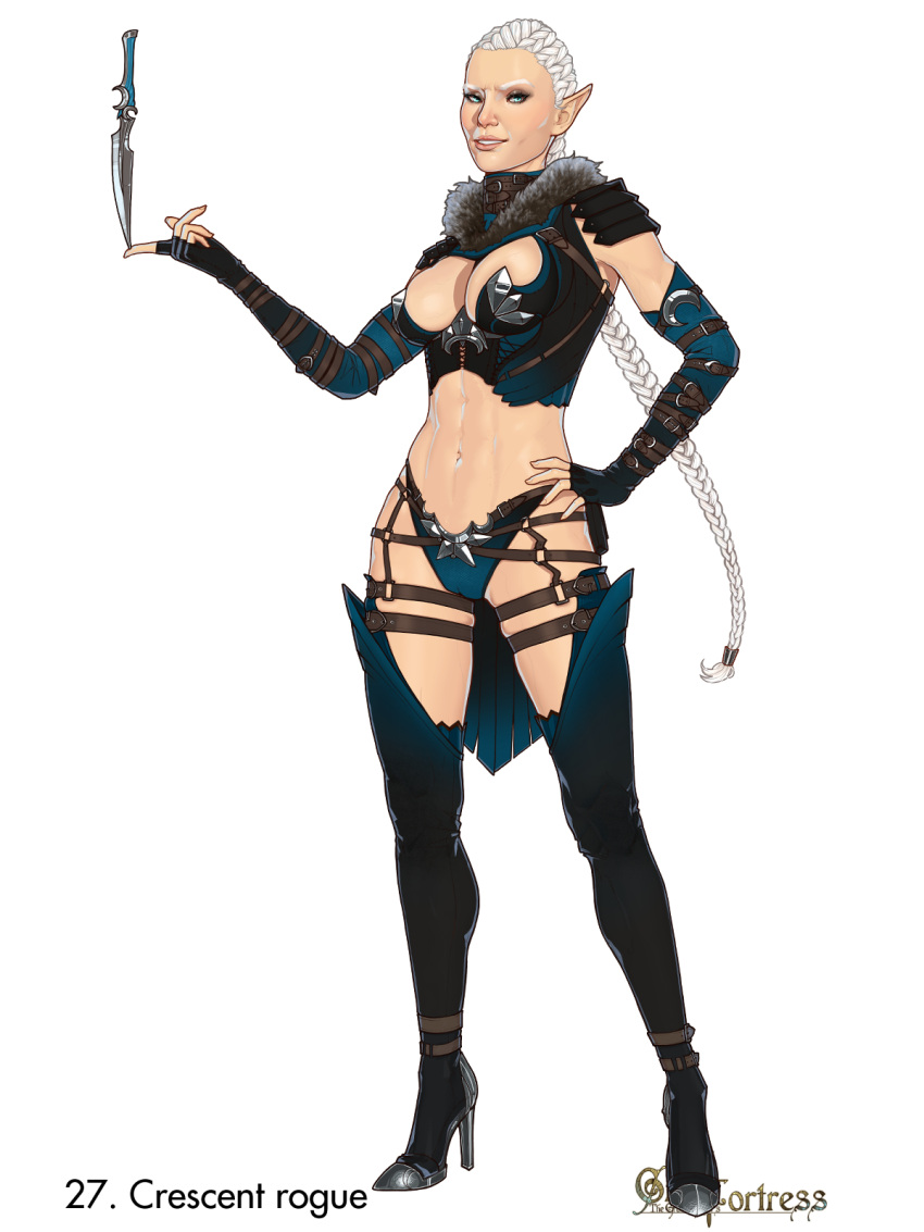 1girls 2022 abs bikini_armor blue_eyes braided_ponytail cleavage cleavage_cutout elbow_gloves elf elf_ears elf_female female female_only front_view full_body fully_clothed galaad1800 garter_straps high_heel_boots high_heels kethama_(shaarin6) knife large_breasts light-skinned_female midriff page_27 panties pointy_ears revealing_clothes simple_background skimpy skimpy_armor skimpy_clothes skimpy_outfit solo solo_female standing stiletto_heels thighhighs unconvincing_armor very_high_heels very_long_hair white_background white_hair