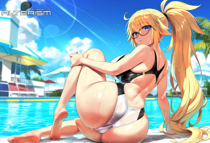 1girls ai_generated alterism arm_support ass ass_focus back_view big_breasts blonde_hair blue_eyes cameltoe competition_swimsuit curvy day fate/grand_order fate_(series) feet female_focus from_behind glasses hourglass_figure huge_breasts jeanne_d'arc_(fate) jeanne_d'arc_(fate)_(all) jeanne_d'arc_(swimsuit_archer) large_breasts light-skinned_female light_skin long_hair looking_at_viewer looking_back outdoors parted_lips ponytail pool shiny_skin sitting skindentation soles swimming_pool swimsuit thick_thighs wet wide_hips