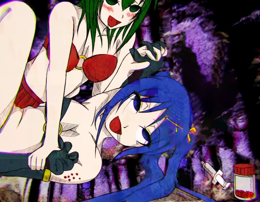 2013 2girls bikini blue_eyes blue_hair blush bottle breasts cleavage collarbone drooling drugged drugs echidna_(maha's_story) edited edited_screencap elbow_gloves ell182a_(masa_works_design) empty_eyes encantada_(vocaloid) female female/female female_only forced_yuri full_body_edit girl_on_girl gloves grabbing_wrist green_eyes green_hair gumi hair_ornament hair_ribbon hatsune_miku humping injury interlocked_fingers long_hair maha's_story_series masa_works_design medium_hair multiple_girls mv_character o-ring o-ring_top official_art open_mouth pill_bottle pills rape red_bikini red_skirt saliva skirt spread_legs syringe tears the_dancer_(maha's_story) third-party_edit track_marks twintails vocaloid yuri