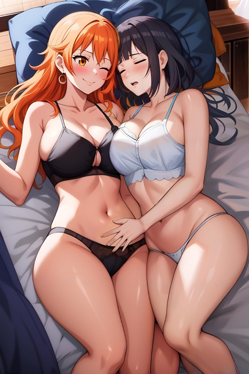 2girls ai_generated anime_style artist_request belly belly_button bikini black_bra black_panties blanket blunt_bangs blush bra breasts closed_eyes closed_mouth closing_eyes crossover cuddling dark_blue_hair eyes_closed fat_thighs female female_only hyuuga_hinata large_breasts long_hair lying lying_in_bed multiple_girls nami naruto naruto_(series) navel one_eye_closed one_piece open_mouth orange_eyes panties post-timeskip red_hair short_hair sleeping thick_thighs touching_belly underwear white_blanket white_bra white_panties