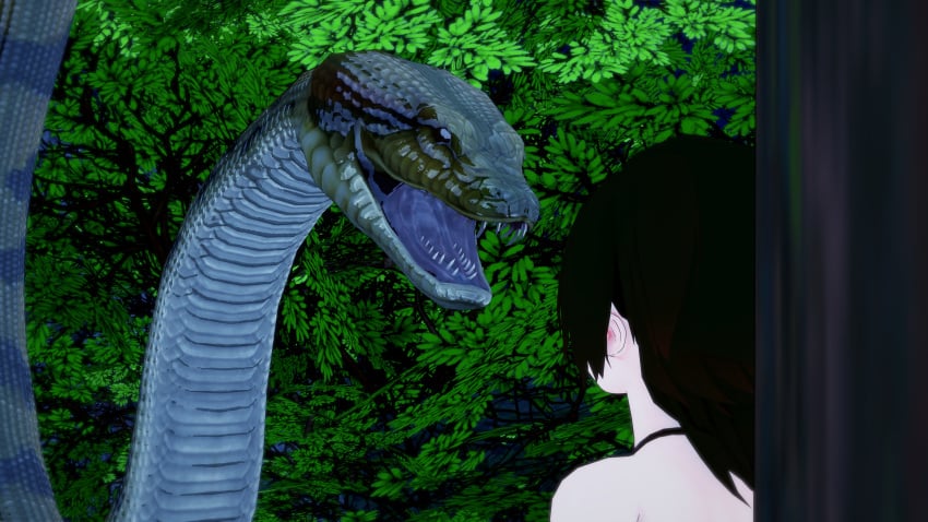 1boy 1girls 3d bikini black_hair breasts cleavage crossover hypnosis jungle kaa kaa_eyes koikatsu large_breasts lipstick mind_control mrkoiru outdoors pale_skin red_lipstick ruby_rose rwby short_hair snake surprised swimsuit the_jungle_book tree vore