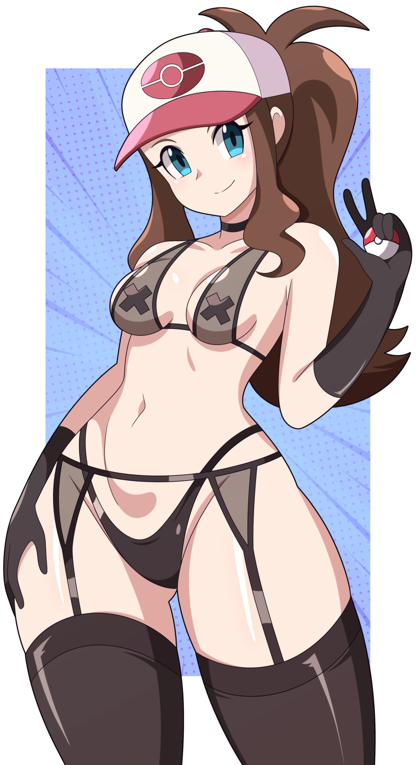 1girls abysswatchers alternate_breast_size bikini black_hair breasts brown_hair commission female game_freak hat hilda_(pokemon) hips long_hair nintendo pasties pokemon pokemon_bw ponytail thick_thighs thighs wide_hips