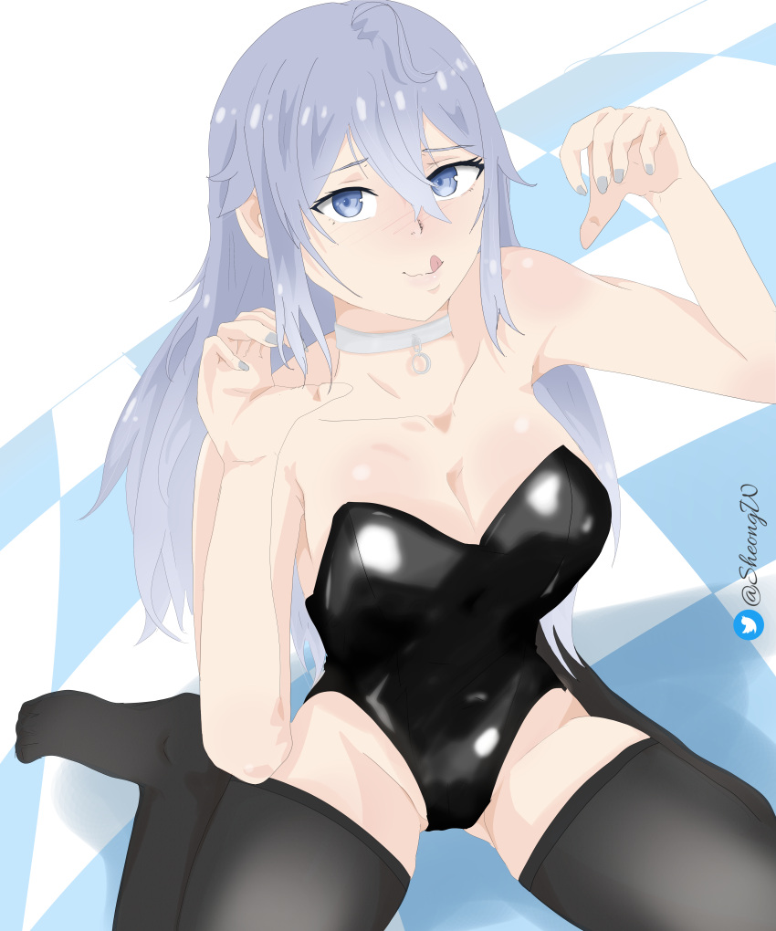 big_breasts blue_eyes breasts bunnysuit date_a_live date_a_live:_date_a_bullet higoromo_hibiki legs_held_open long_hair sheong_wong tongue white_hair