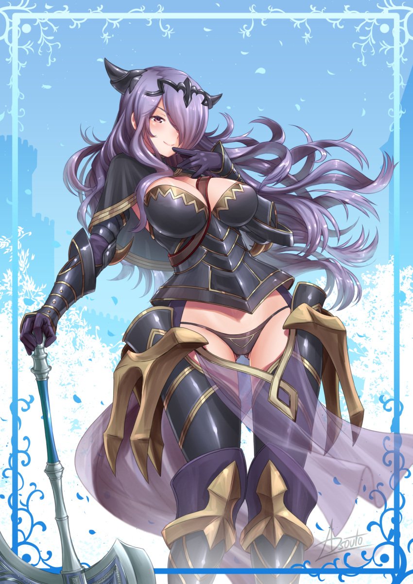 1girls adsouto armor ass_visible_through_thighs axe bare_thighs black_panties breasts camilla_(fire_emblem) cleavage female female_only finger_to_mouth fire_emblem fire_emblem_fates gloves hair_over_one_eye highres inner_thighs large_breasts long_hair looking_at_viewer nintendo panties pelvic_curtain purple_hair see-through smile solo thigh_gap thighs tiara underwear