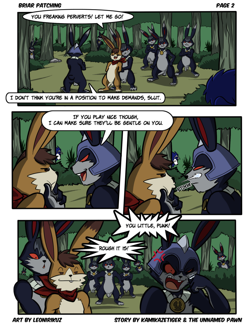 angry balls comic dark_hare dark_hare_(monster_rancher) dialogue erection flaccid group hare lagomorph leonirikuz male mammal monster_farm penis saliva smile tiger_(monster_rancher) yaoi