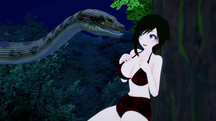 1boy 1girls 3d angry bikini black_hair breasts crossed_arms crossover jungle kaa koikatsu large_breasts lipstick mrkoiru outdoors pale_skin red_lipstick ruby_rose rwby short_hair silver_eyes snake swimsuit the_jungle_book tree