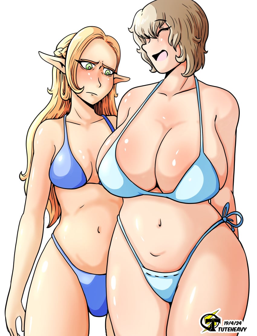 2girls annoyed big_breasts bikini blush breast_envy breasts dungeon_meshi duo elf falin_touden falin_touden_(tallman) female female_only huge_breasts human marcille_donato meme mother_daughter_boob_envy_(meme) multiple_girls smile swimsuit tuteheavy