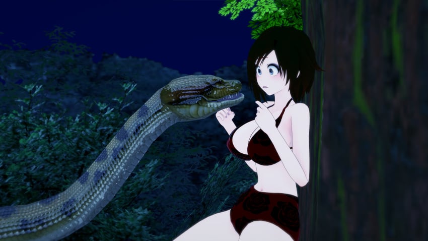 1boy 1girls 3d bikini black_hair breasts crossed_arms crossover jungle kaa koikatsu large_breasts lipstick mrkoiru outdoors pale_skin red_lipstick ruby_rose rwby short_hair silver_eyes snake surprised swimsuit the_jungle_book tree