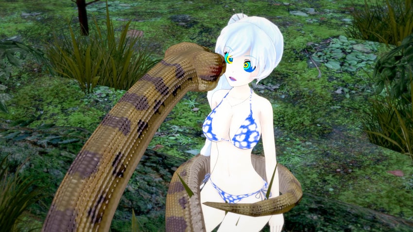 3d bikini blue_eyes blue_lipstick breasts coiling confusion facial_scar femsub hypnosis jungle kaa kaa_eyes koikatsu lipstick long_hair maledom medium_breasts mind_control mrkoiru open_mouth outdoors ponytail rwby scar snake swimsuit the_jungle_book weiss_schnee white_hair