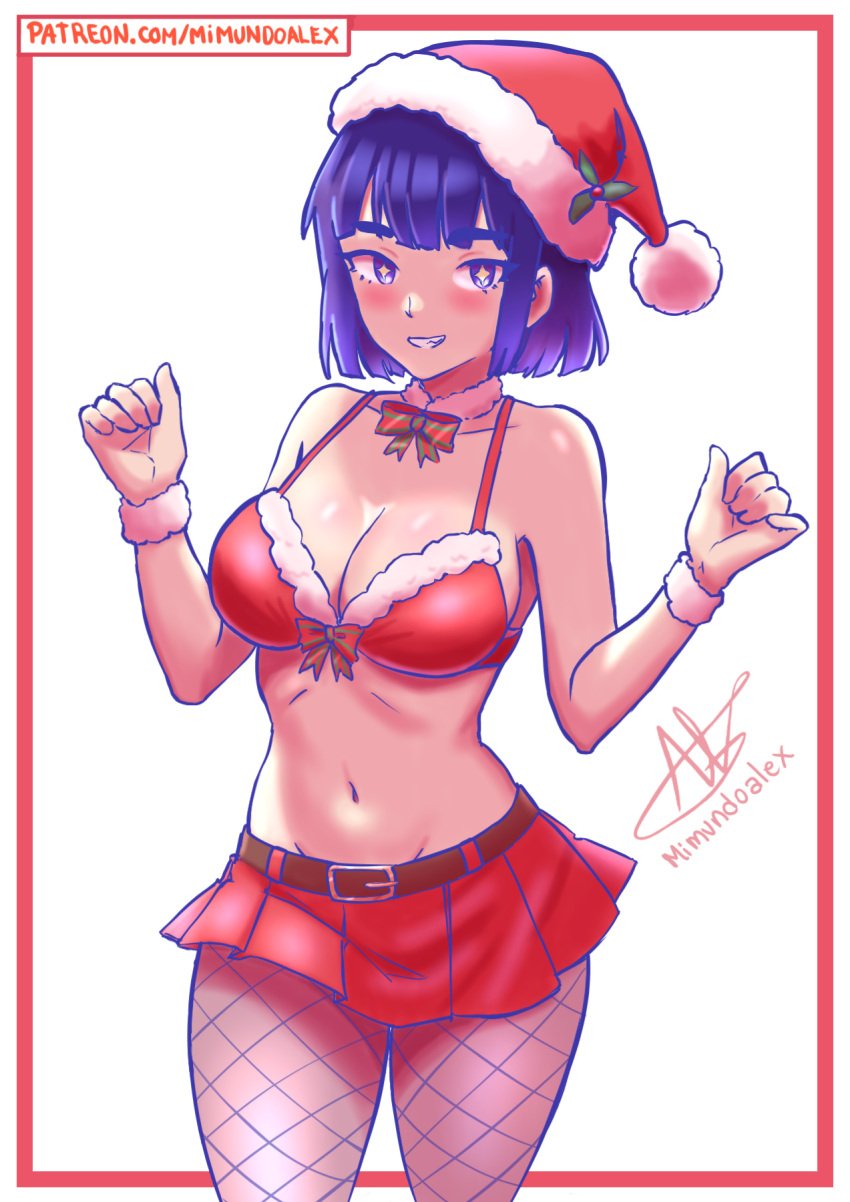 big_breasts blue_hair christmas christmas_clothing christmas_hat christmas_headwear christmas_outfit mary_(mimundo_alex) medium_hair mimundo_alex mimundo_alex_(artist) padoruu