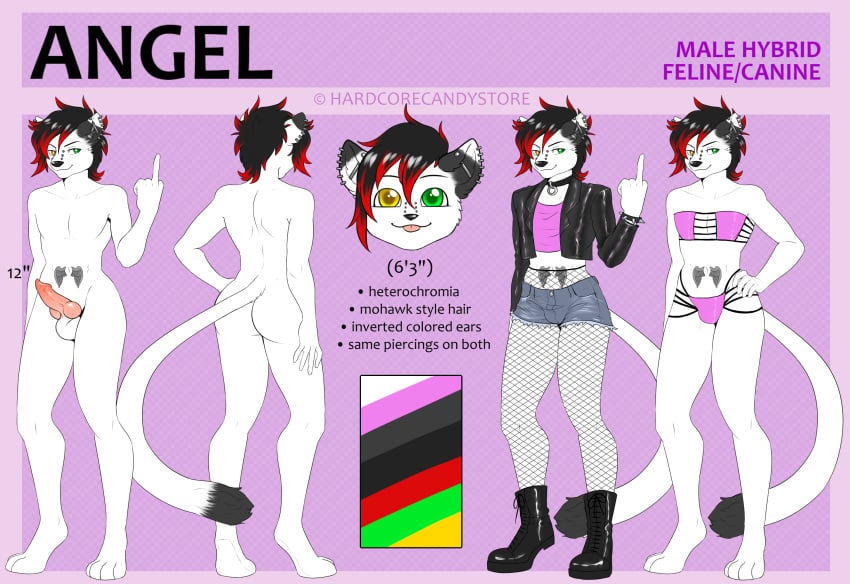 1boy angel_lucian ass athletic bikini blep boots booty_shorts bubble_butt bulge canine clothing erection feline fishnet footwear furry girly hardcorecandystore heterochromia hybrid jacket jeans knot leather leather_jacket long_tail male male_only mammal middle_finger model_sheet mohawk monochrome multiple_poses multiple_versions original_character pants penis piercing pose rude sassy shirt shorts slim smile smirk solo studs swimsuit testicles text tongue tongue_out two_tone_hair