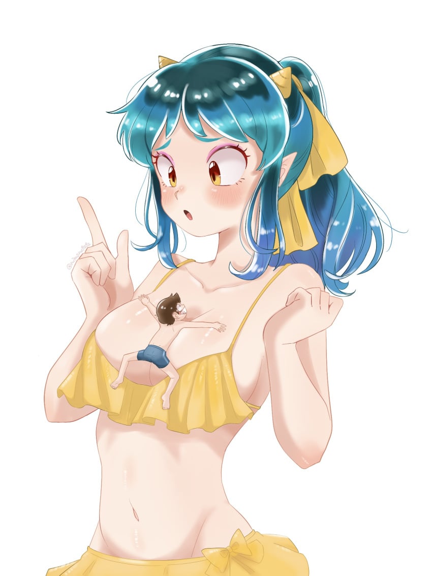 ataru_moroboshi grabbing_breasts green_hair horn lum orange_eyes pointy_ears swimsuit urusei_yatsura