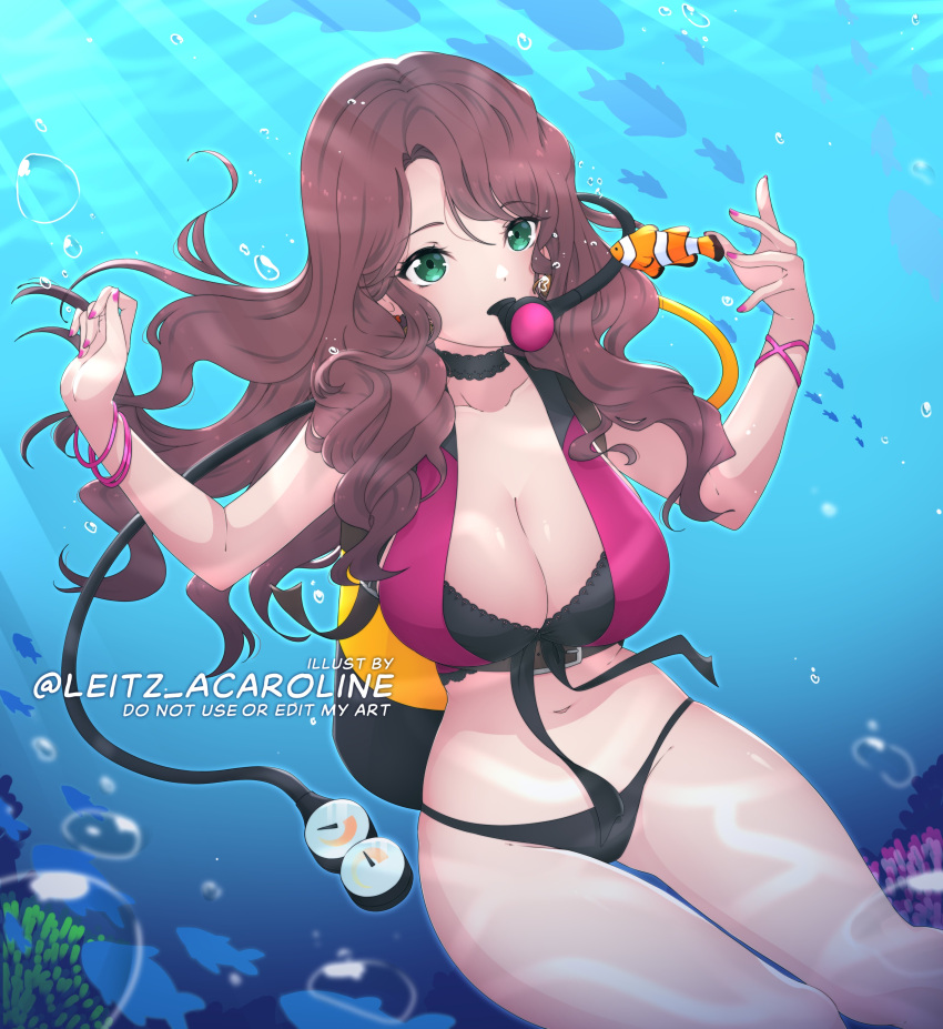 1girls alternate_costume bare_thighs bikini black_bikini black_swimsuit breasts brown_hair cleavage diving dorothea_arnault female female_only fire_emblem fire_emblem:_three_houses fire_emblem_heroes fish green_eyes large_breasts leitz_acaroline nintendo ocean official_alternate_costume solo swimsuit thighs underwater water