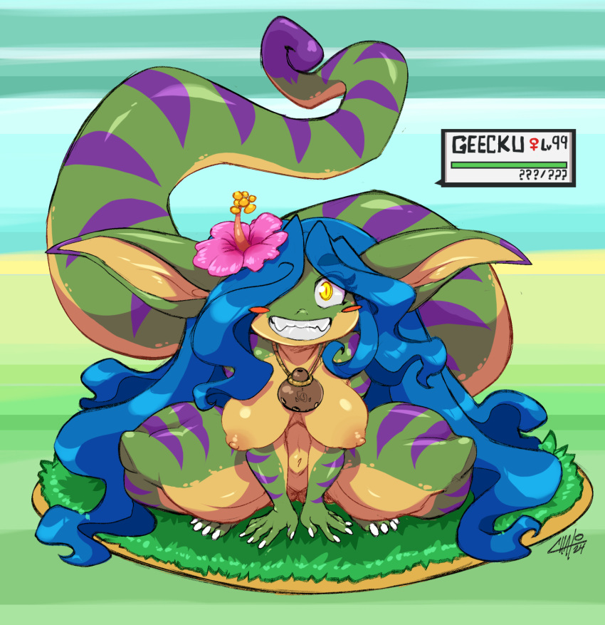 1girls anthro areolae big_ears blue_hair breasts chalo cheek_spots countershading crouching female female_only flower_in_hair gameplay_mechanics gecko geecku green_body hair_over_one_eye hi_res las_lindas lizard long_hair looking_at_viewer nipples pointy_ears pokemon purple_stripes reptile scalie smiling smiling_at_viewer solo striped_body stripes tail teeth_showing thick_thighs very_long_hair yellow_body yellow_eyes