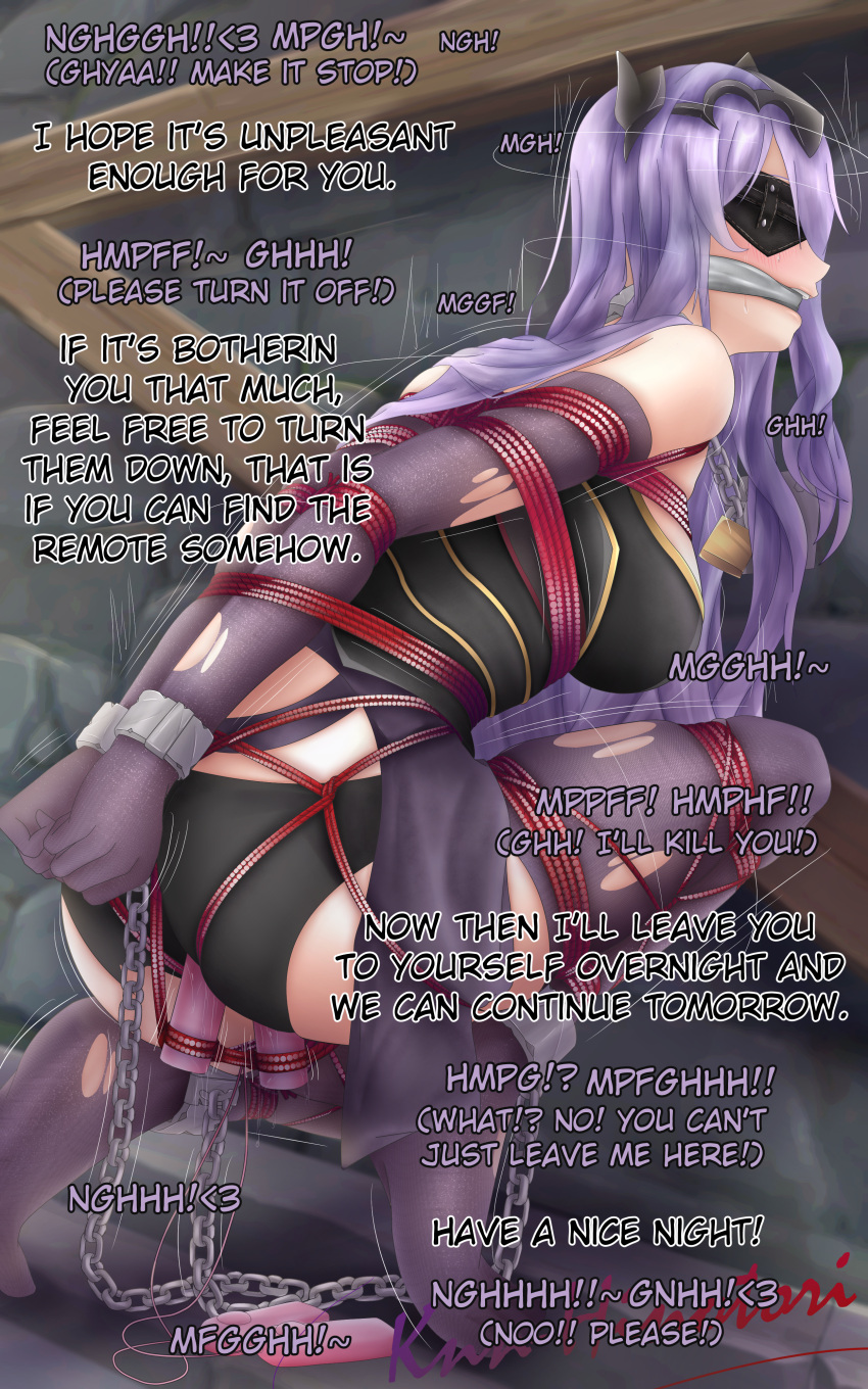 1girls anus_juice arms_behind_back ass bare_thighs bent_over black_panties blindfold bodice bondage bound bound_arms bound_legs bound_wrists camilla_(fire_emblem) captured chains cloth_gag collar crying dialogue elbow_gloves english_text female_only femsub fire_emblem fire_emblem_fates gag gloves hair_over_one_eye horns improvised_gag indoors knn-hinotori large_ass lock long_hair maledom medium_breasts moaning motion_lines nintendo panties pelvic_curtain purple_hair restrained rope rope_bondage slave solo squatting stationary_restraints struggling text thighhighs thighs tiptoes torn_clothes underwear very_long_hair