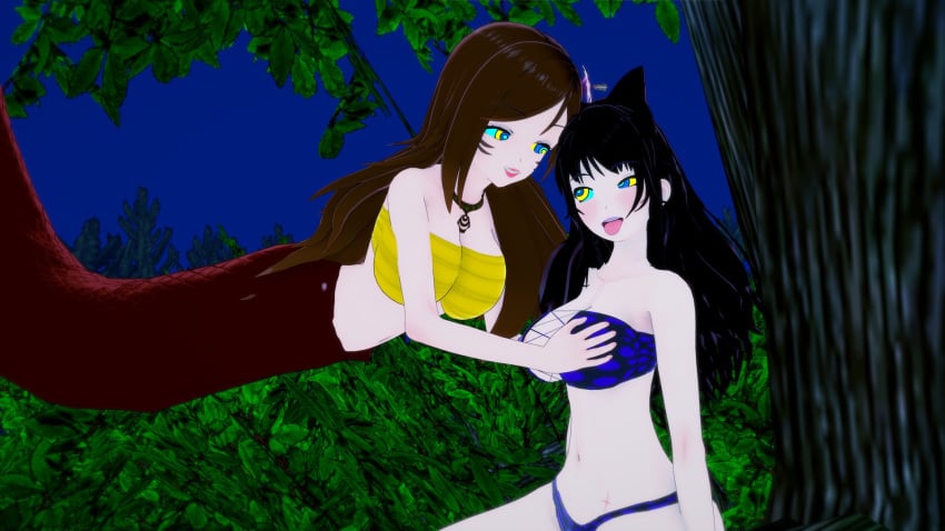 3d animal_ears bikini black_hair blake_belladonna breasts brown_hair cat_girl cleavage crossover faunus groping groping_breasts hypnosis jungle kaa_eyes koikatsu lamia large_breasts lipstick long_hair mind_control monster monster_girl mrkoiru naga open_mouth original original_character outdoors purple_lipstick rwby the_jungle_book tongue tongue_out tree