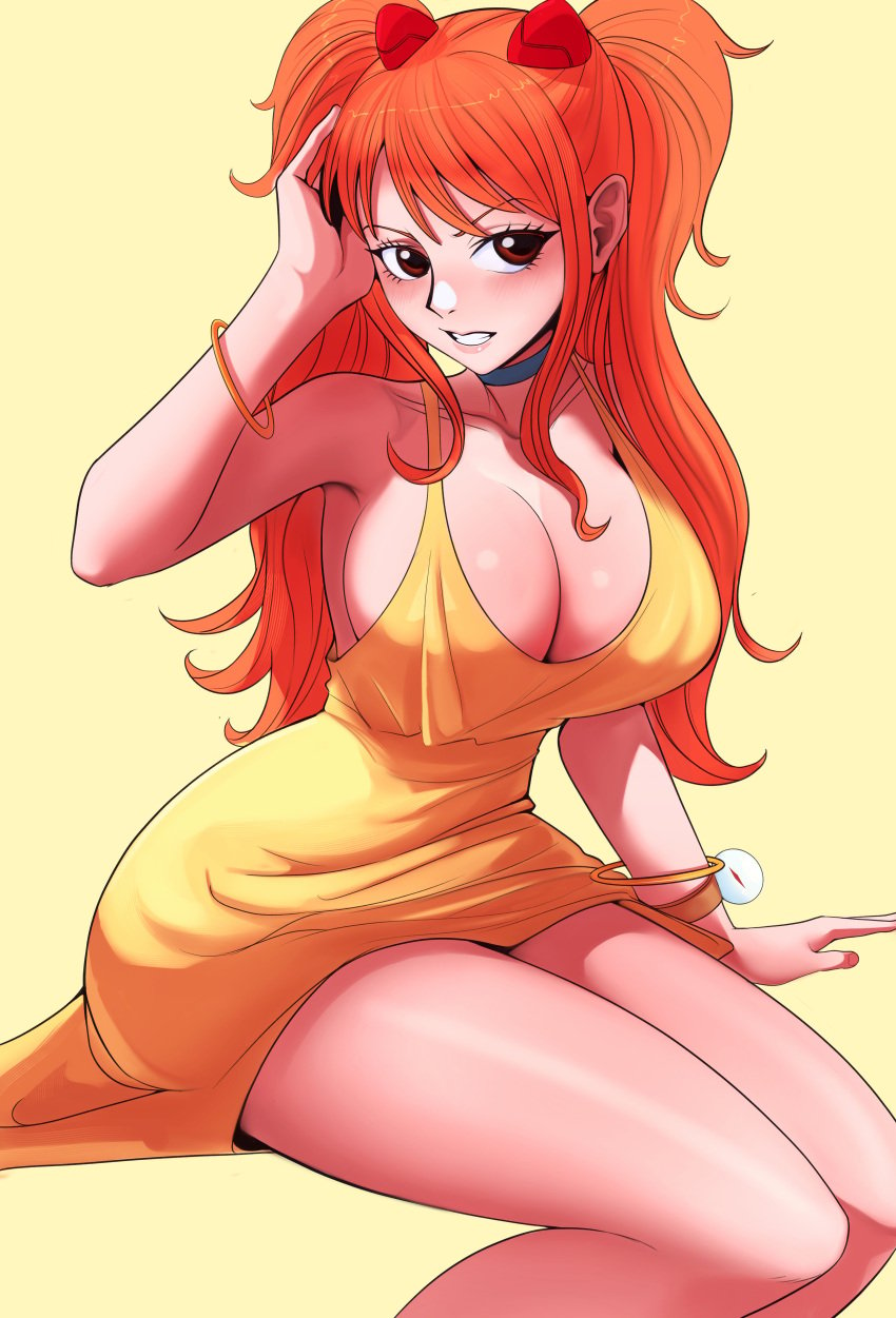 1girls asuka_langley_sohryu asuka_langley_sohryu_(cosplay) bare_arms bare_legs bare_shoulders bare_thighs big_breasts blush clothed clothing color coolb cosplay female female_focus female_only hi_res large_breasts light-skinned_female light_skin long_hair looking_at_viewer nami nami_(one_piece) one_piece orange_eyes orange_hair post-timeskip shounen_jump solo solo_female sundress tagme thick_thighs