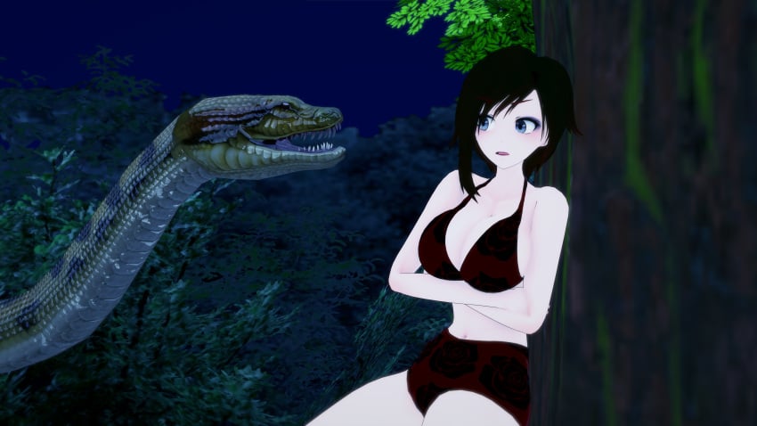 1boy 1girls 3d angry bikini black_hair breasts crossed_arms crossover jungle kaa koikatsu large_breasts lipstick mrkoiru outdoors pale_skin red_lipstick ruby_rose rwby short_hair silver_eyes snake swimsuit the_jungle_book tree