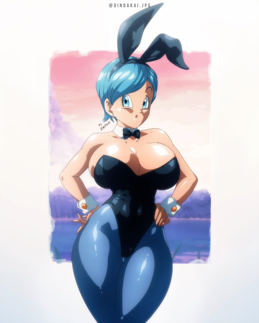 1girls alternate_version_available blue_eyes blue_hair breasts bulma_briefs bunny_ears bunny_tail bunnysuit color colored dindakai dragon_ball dragon_ball_z female female_only large_breasts line_art looking_at_viewer solo