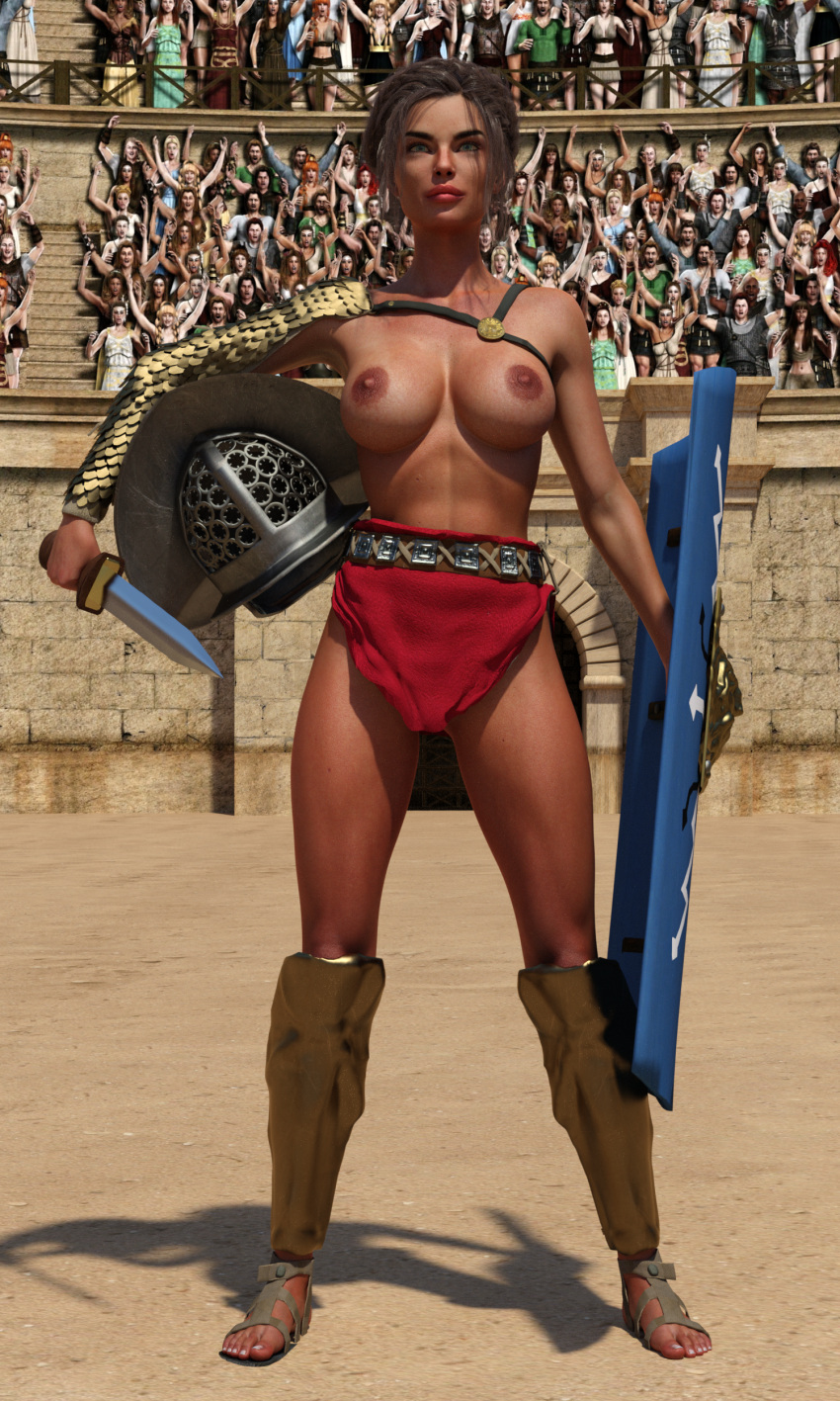 1girls 3d brown_hair cb1964 gladiator gladiatrix helmet loincloth original shield sword tan_skin tan_skinned_female topless topless_female weapon