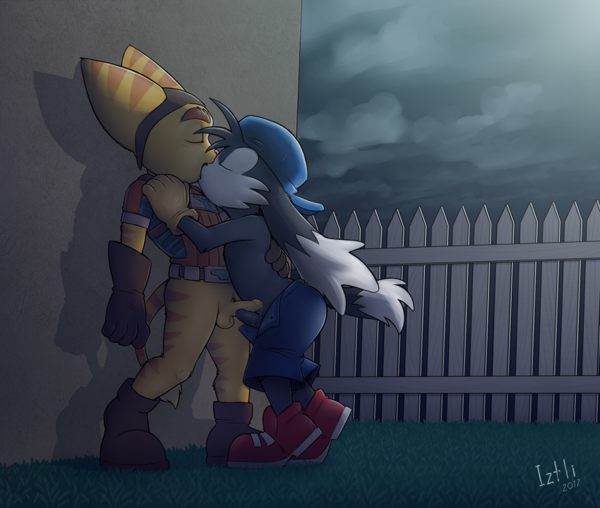 2boys balls bottomless closed_eyes clothed clothing crossover duo erection footwear frottage fur gay hi_res humanoid_penis iztli kissing klonoa klonoa_(series) lombax male male/male male_only orange_fur partially_retracted_foreskin penis precum ratchet_(ratchet_and_clank) ratchet_and_clank sex shoes short topless uncut video_games white_fur yaoi yellow_balls yellow_fur