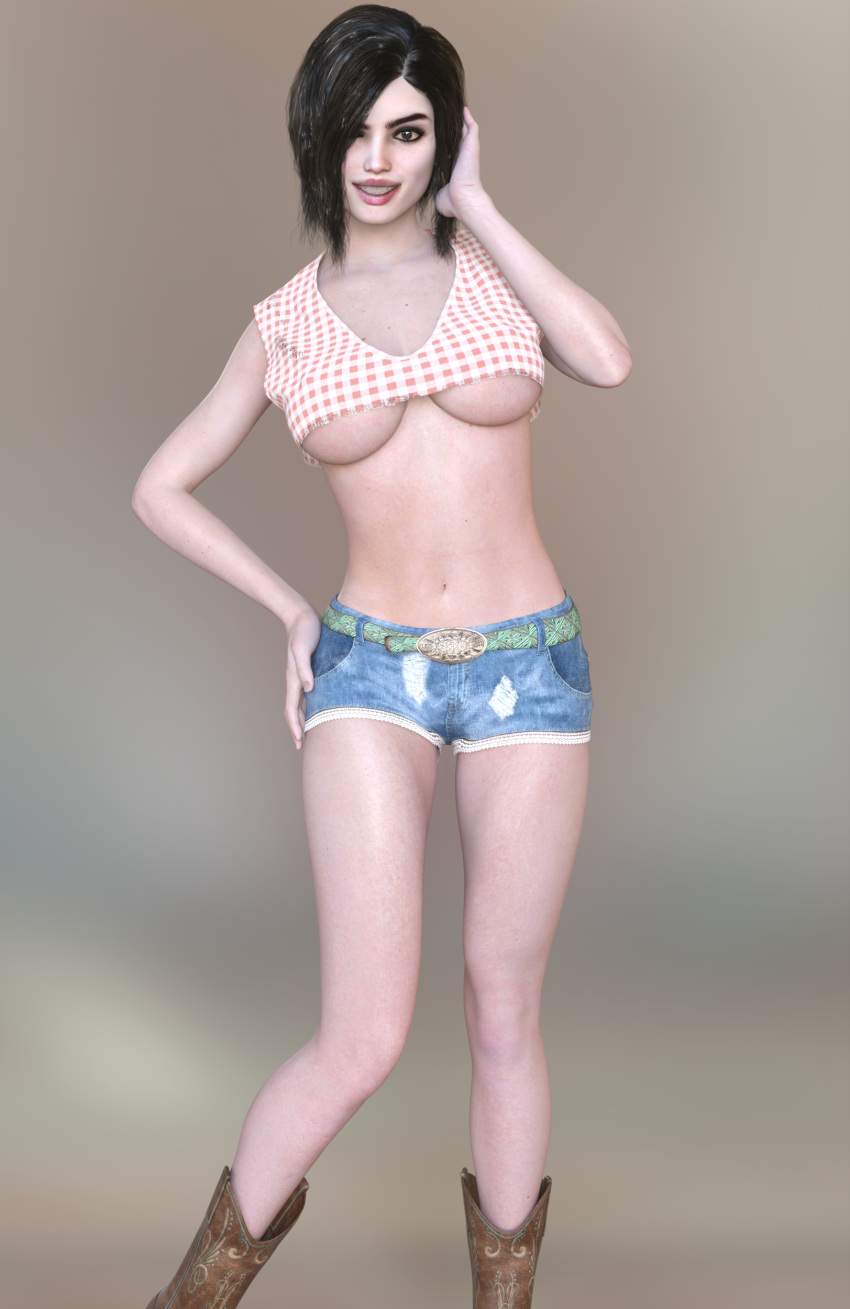 1girls 3d black_hair cb1964 crop_top denim_shorts original short_shorts shorts underboob