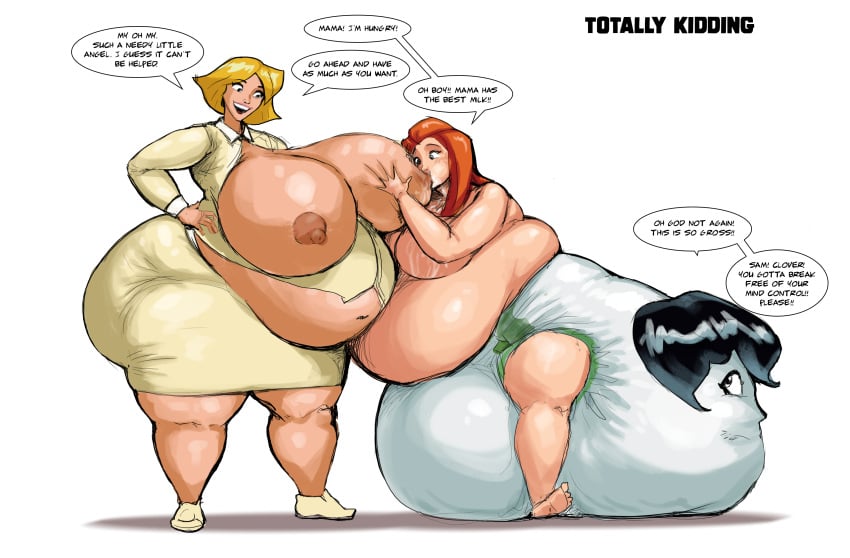 2020s 2023 3girls abdl absurd_res absurdres adult_baby age_regression alex_(totally_spies) barefoot big_breasts big_diaper black_hair black_text blonde_hair breast_expansion breast_feeding breast_grab breast_press breast_sucking breastfeeding breasts cartoon_network clover_(totally_spies) dialogue diaper diaper_critter diaper_transformation digital_drawing_(artwork) digital_media_(artwork) english_text erect_nipples fat female female_focus female_only hand_on_hip hand_on_waist hands_on_waist human human_only inanimate_transformation long_hair long_orange_hair mental_regression milf milk_on_breasts mind_control mothering multiple_girls navel not_furry not_furry_focus nursing okayokayokok open_mouth orange_hair sam_(totally_spies) shadow short_hair simple_background speech_bubble standing text thought_bubble topless totally_spies transformation trio trio_focus weight_gain white_background white_speech_bubble