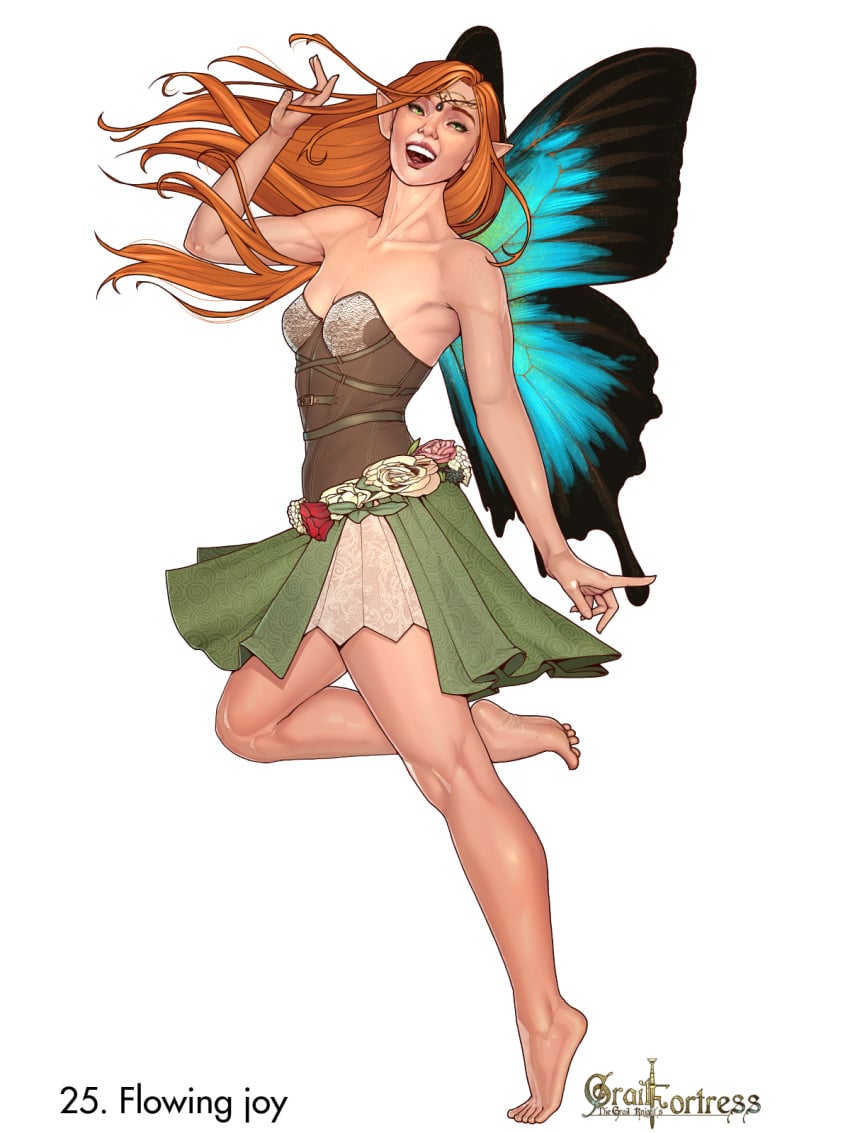 1girls 2022 bare_shoulders barefoot belt butterfly_wings fairy female female_only flower full_body galaad1800 green_eyes light-skinned_female long_hair medium_breasts miniskirt orange_hair page_25 pointy_ears simple_background skirt solo solo_female white_background