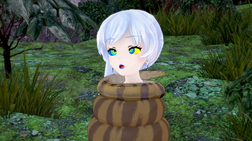 3d bikini blue_eyes blue_lipstick breasts coiling confusion crossed_eyes facial_scar femsub hypnosis jungle kaa kaa_eyes koikatsu lipstick long_hair maledom medium_breasts mind_control mrkoiru open_mouth outdoors ponytail rwby scar snake swimsuit the_jungle_book weiss_schnee white_hair