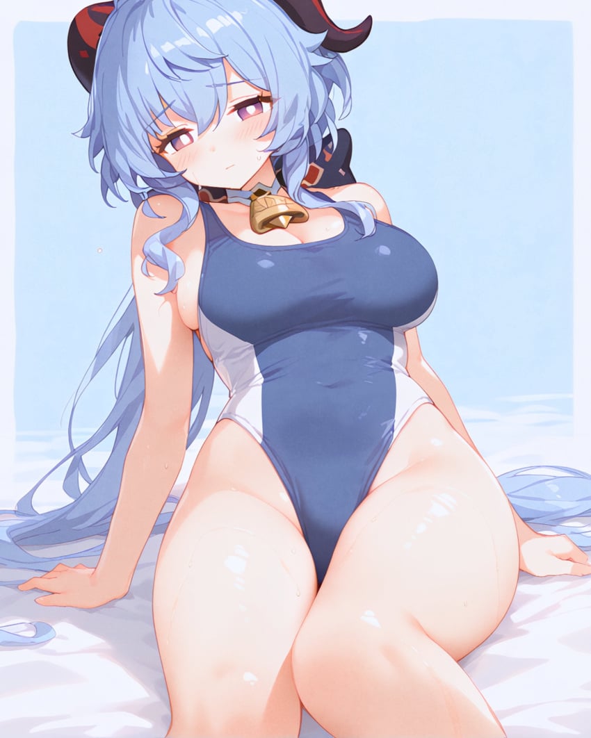 1girls ai_generated alternate_breast_size blue_hair breasts cleavage female female_only ganyu_(genshin_impact) genshin_impact horns large_breasts one-piece_swimsuit solo swimsuit thighs unajyu wide_hips