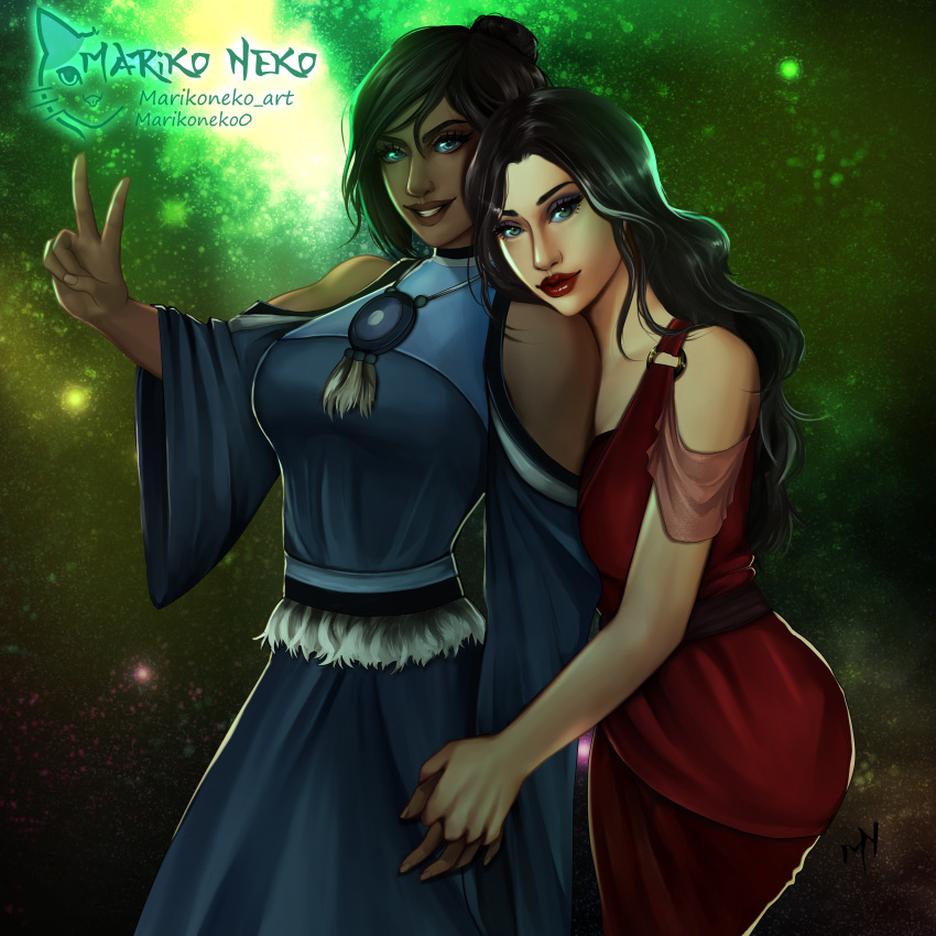 2girls asami_sato avatar_legends avatar_the_last_airbender canon_couple chocolate_and_vanilla clothed dark-skinned_female female female_only holding_hands human interracial korra light-skinned_female marikoneko marikoneko0 multiple_girls nonbender the_avatar the_legend_of_korra water_tribe yuri