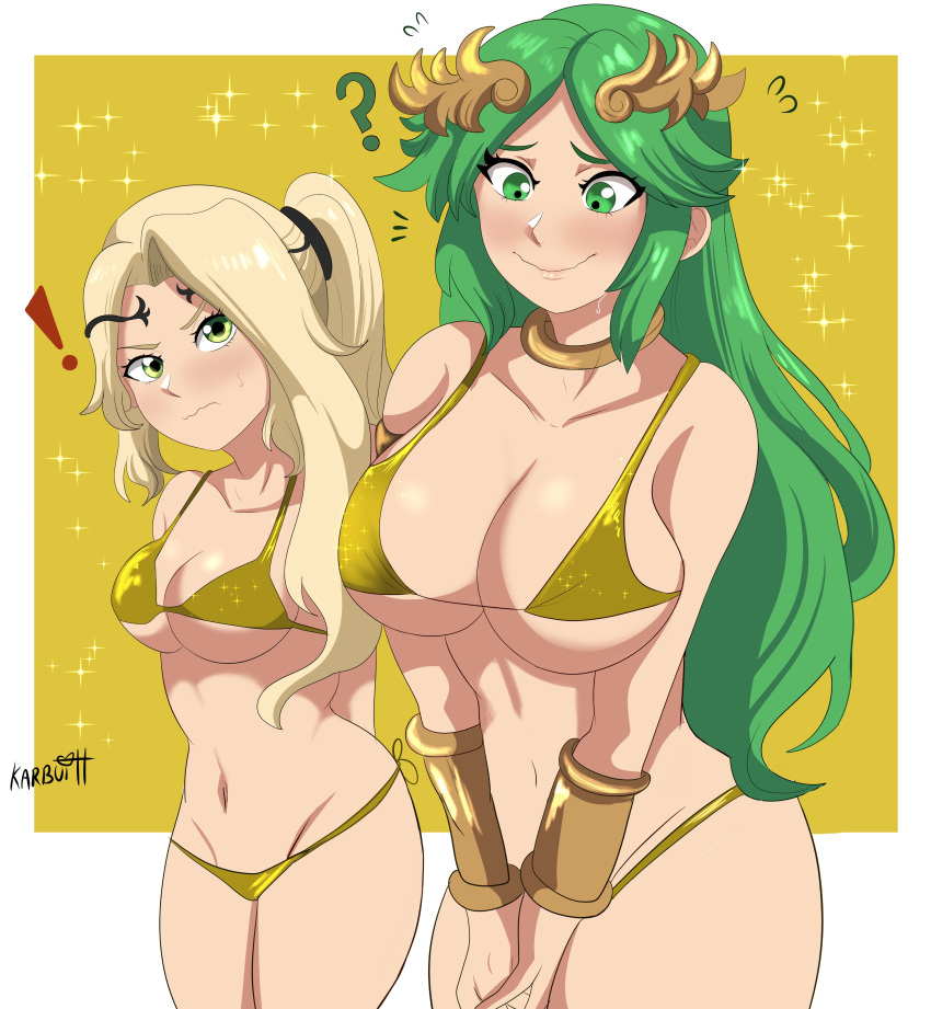 2girls bikini blonde_hair blush breast_envy breast_size_difference breasts female gold_bikini golden_week green_eyes green_hair height_difference highres karbuitt kid_icarus kid_icarus_uprising large_breasts light-skinned_female light_skin long_hair medium_breasts nintendo oblivious palutena thick_thighs viridi wide_hips