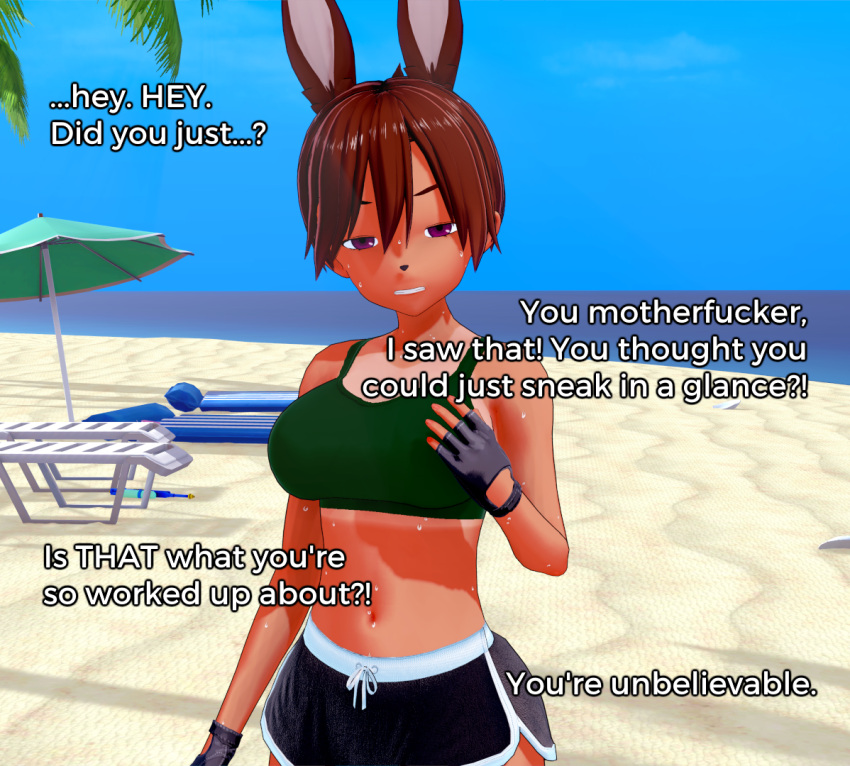 3d_(artwork) beach breasts bunny_ears bunnygirl dialogue dolphin_shorts fenrir:_blood_of_the_covenant koikatsu looking_at_viewer lulu_(fenrir) mollyavast sweat sweaty_body tan_lines