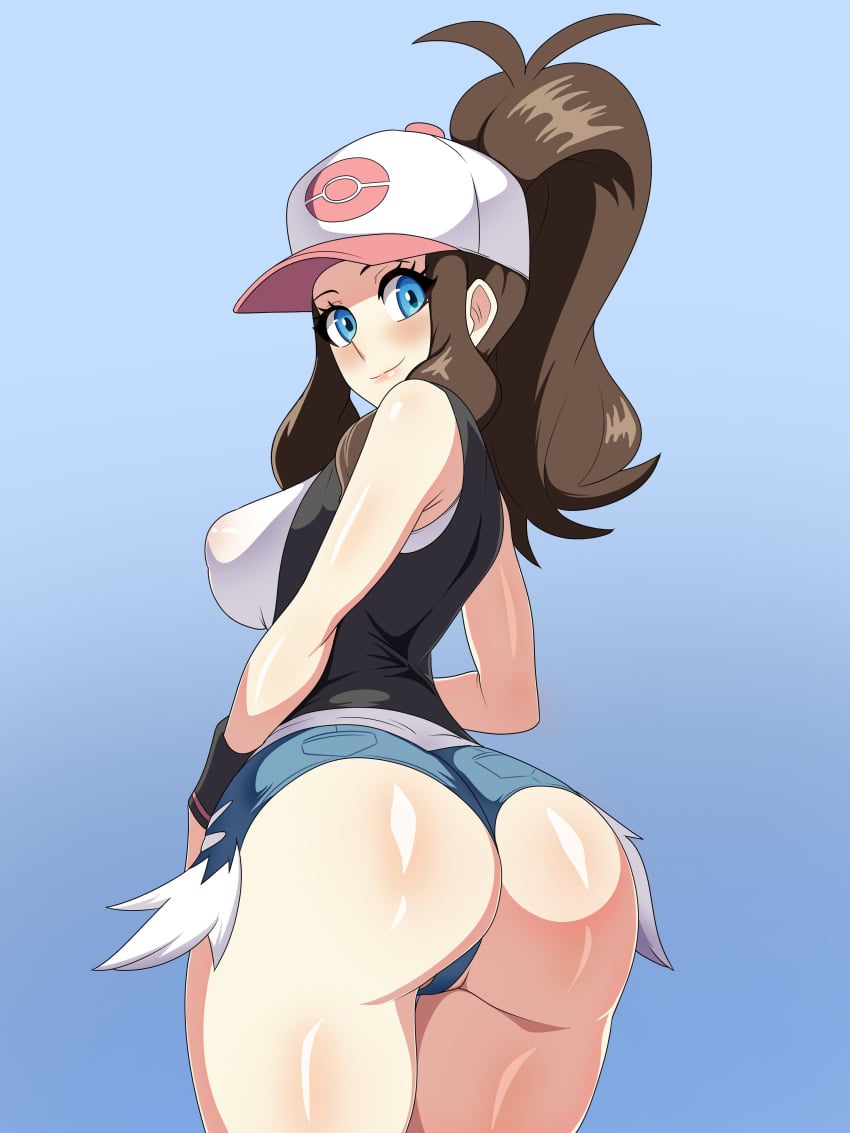 1girls ass blue_eyes booty_shorts breasts brown_hair bubble_butt female hat hilda_(pokemon) jean_shorts large_ass large_breasts light-skinned_female light_skin long_hair ludinsketches nintendo pokemon pokemon_bw ponytail short_shorts shorts