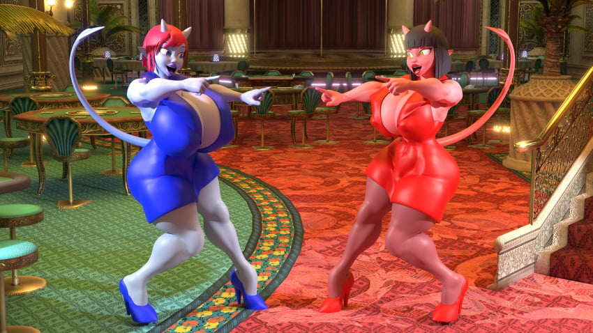 2demons 2girls 3d big_breasts blue_skin breasts demon_girl demon_horns demon_tail high_heels huge_breasts lavender_&_rose lazza_(artist) nipple_bulge red_hair red_skin short_hair