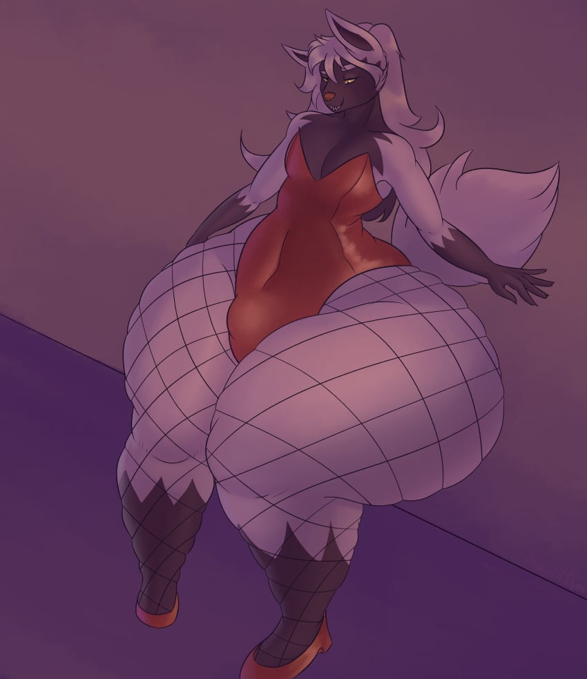 absurd_res anthro bulge clothed clothing femboy fishnet_clothing generation_3_pokemon hi_res huge_filesize huge_thighs hyper hyper_thighs male moonlitesau nintendo pokemon pokemon_(species) poochyena smile solo thick_thighs