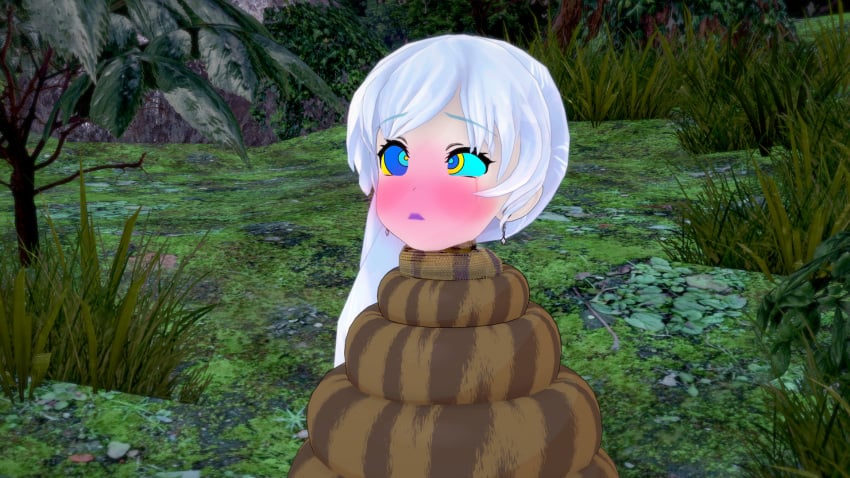 3d asphyxiation bikini blue_eyes blue_lipstick breasts choking coiling crossed_eyes facial_scar femsub hypnosis jungle kaa kaa_eyes koikatsu lipstick long_hair maledom medium_breasts mind_control mrkoiru open_mouth outdoors ponytail rwby scar snake surprised swimsuit the_jungle_book weiss_schnee white_hair