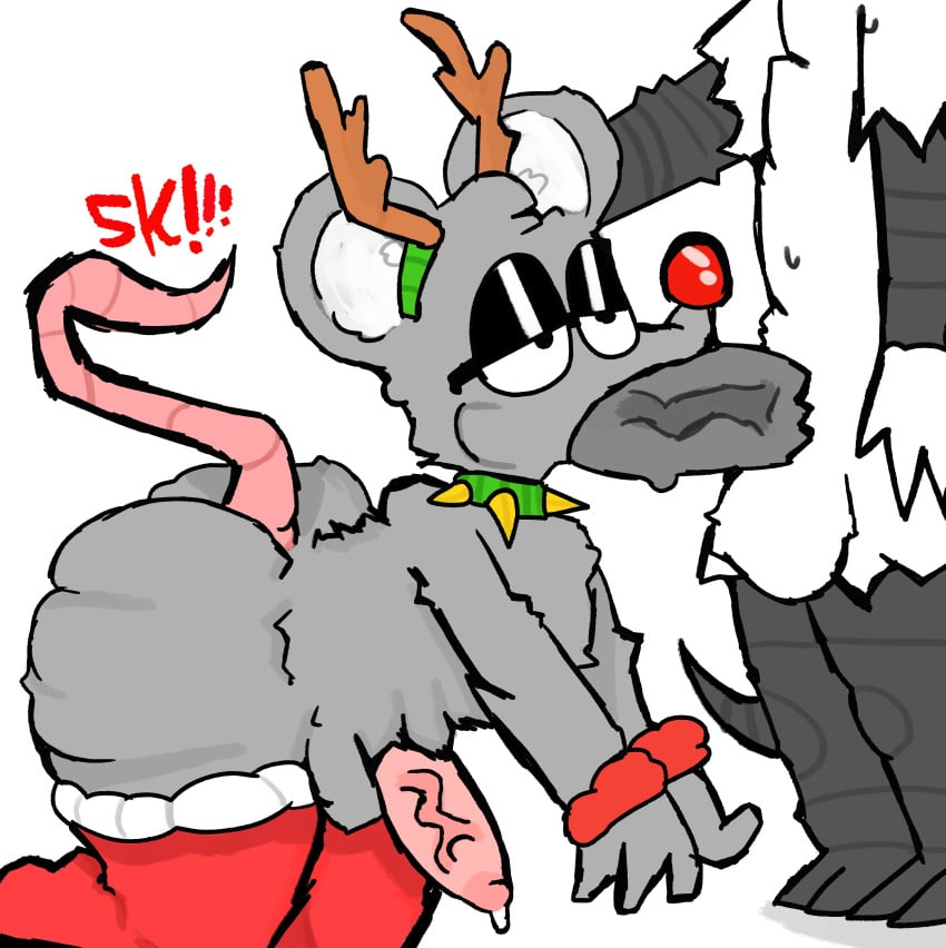 animal_genitalia art_trade bedroom_eyes big_butt big_cock blowjob blowjob_face christmas christmas_outfit el_sick fat_ass femboy femboy_on_femboy forcing_on_dick furry fursona grabbing grabbing_head gray_fur gray_penis grey_skin handcuffed handcuffs nerd nerdy oc possum rat rat_tail reindeer_antlers reindeer_costume sik_(el_sick) spiked_collar sucking sucking_off sucking_penis white_fur