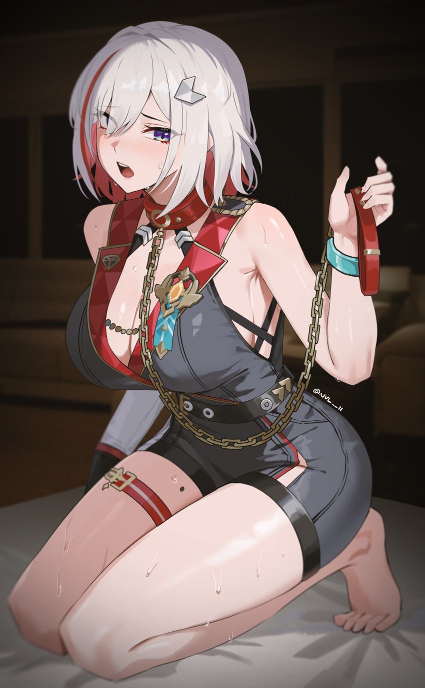 1girls bed blue_eyes bondage chains collar embarrassed honkai:_star_rail honkai_(series) leash leash_and_collar nvl sweat thighs topaz_(honkai:_star_rail) white_hair