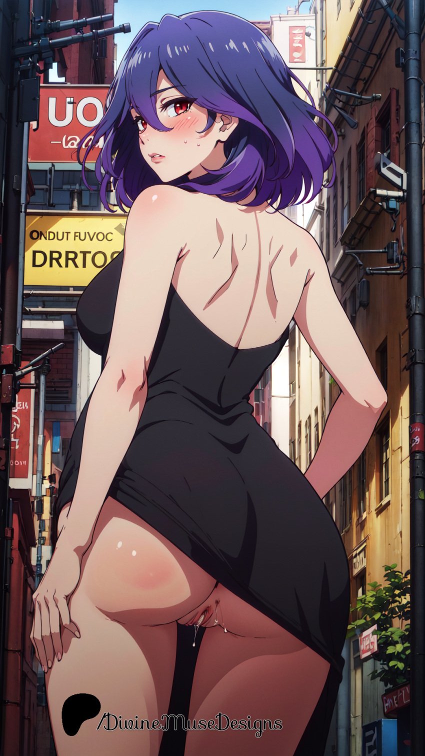 ai_generated black_dress blush cum_dripping divine_muse_designs from_behind hi_res high_resolution highres kinsou_no_vermeil looking_back milf open_back patreon patreon_logo patreon_username pubic_hair red_eyes stable_diffusion succubus upskirt vermeil vermeil_(kinsou_no_vermeil) vermeil_in_gold