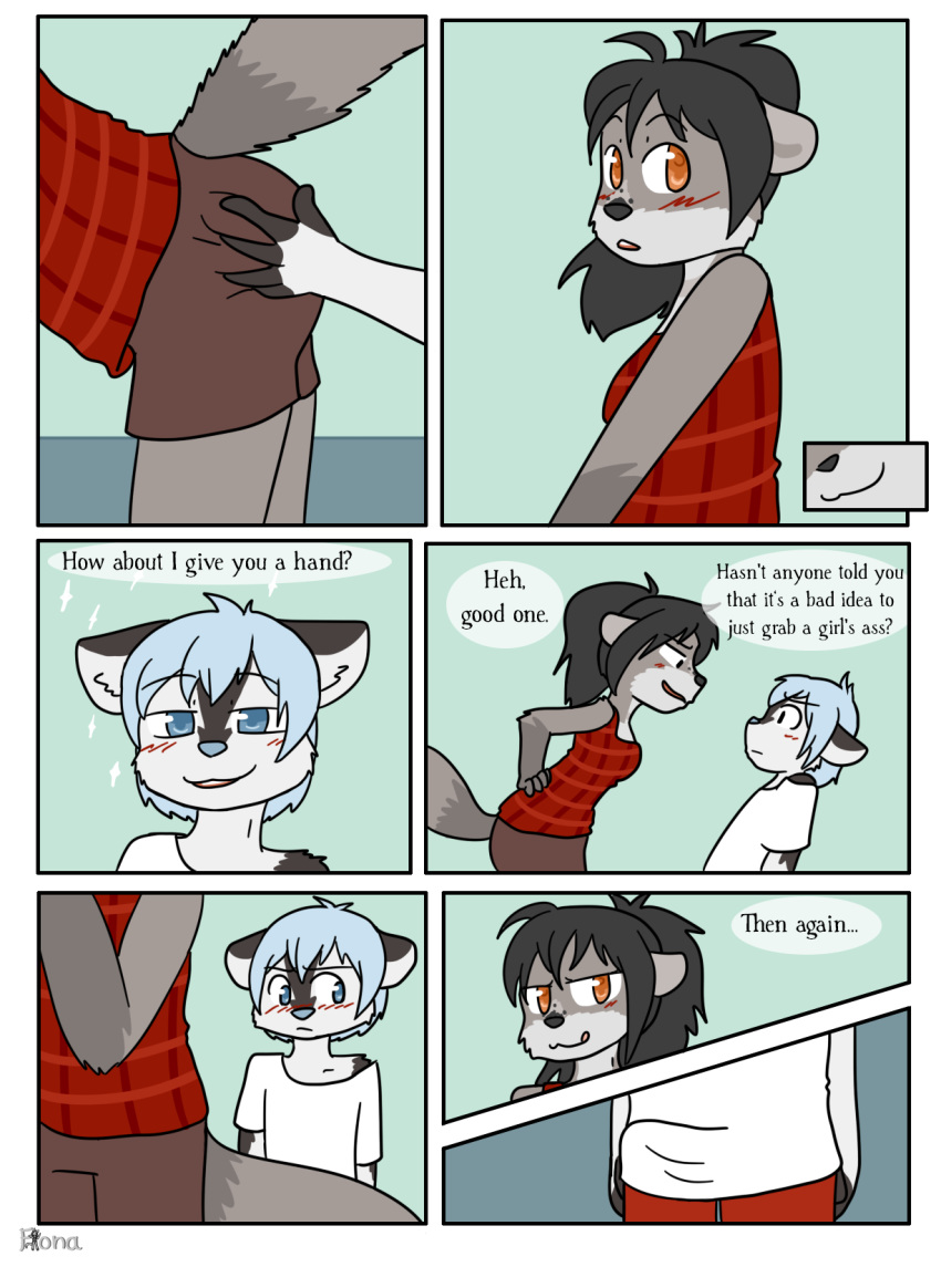 2016 anthro ass black_fur black_hair black_nose blue_eyes blue_hair blue_nose blush breasts bulge canine clothed clothing comic dialogue dimitri_(xelaaredn) english_text erection female fiona_(artist) fur grey_fur hair husky licking licking_lips looking_back male mammal procyonid raccoon straight tawney text tongue tongue_out white_fur