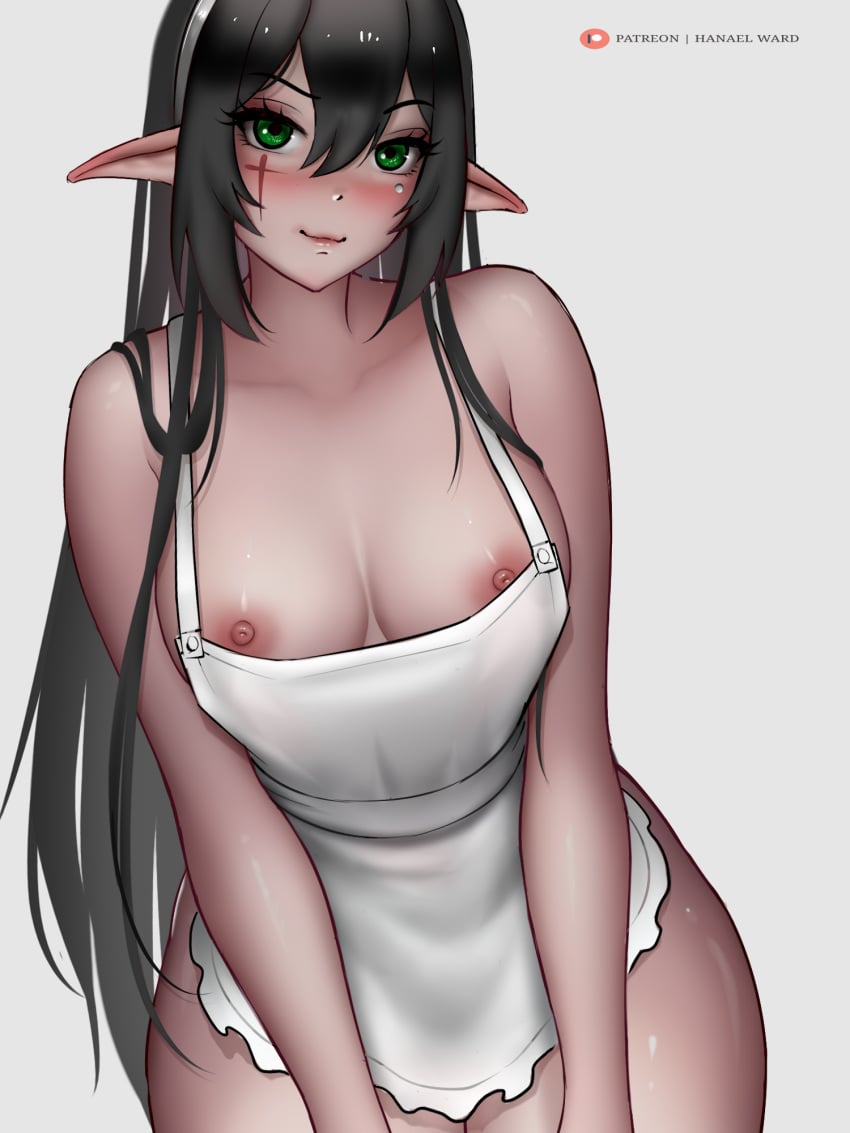 apron_only breasts dark_hair green_eyes hanaelward03 indie_virtual_youtuber layna_lazar nipple_slip virtual_youtuber vtuber