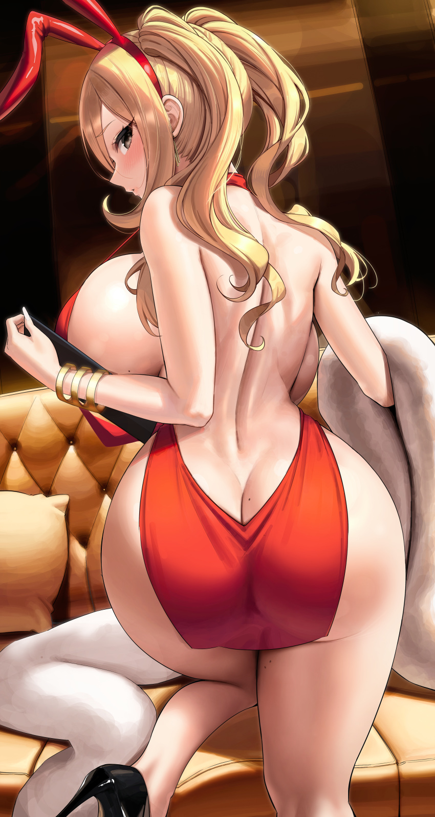 1girls ass blonde_hair bracelet breasts bunny_ears cynthia_(pokemon) dat_ass dress female hi_res high_heels huge_ass huge_breasts kook light-skinned_female light_skin long_hair looking_at_viewer looking_back naughty_face nintendo pokemon pokemon_dppt red_dress twintails