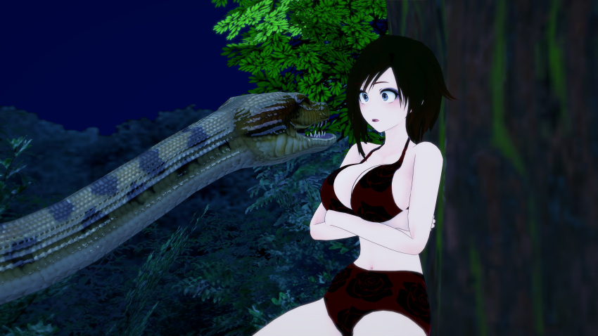 1boy 1girls 3d bikini black_hair breasts crossed_arms crossover jungle kaa koikatsu large_breasts lipstick mrkoiru outdoors pale_skin red_lipstick ruby_rose rwby short_hair silver_eyes snake surprised swimsuit the_jungle_book tree