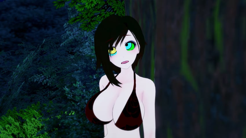 1boy 1girls 3d bikini black_hair breasts cleavage crossover hypnosis jungle kaa kaa_eyes koikatsu large_breasts lipstick mind_control mrkoiru outdoors pale_skin red_lipstick ruby_rose rwby short_hair snake surprised swimsuit the_jungle_book tree weak_resistance