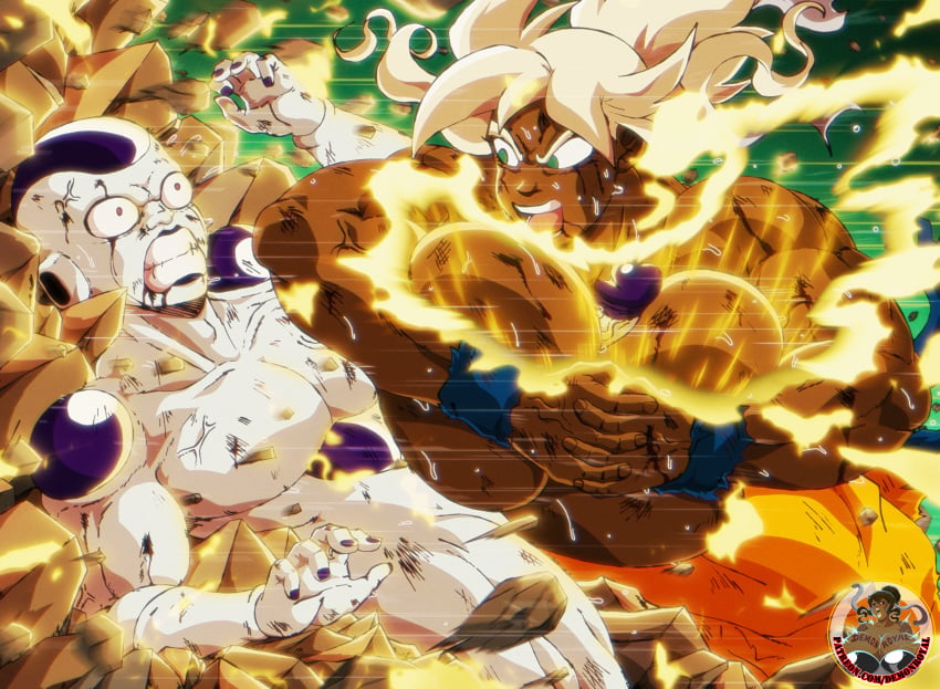 1female 1male angry angry_face angry_sex aura battle battle_damage blood brown_skin damaged_clothes demonroyal destruction dragon_ball_z female frieza huge_breasts kiki_(demonroyal) male muscular_female original_character paizuri slamming slamming_body super_saiyan sweat titfuck titfucking titjob