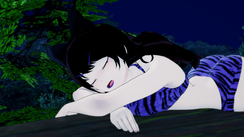 2girls 3d ass bikini black_hair blake_belladonna breasts cat_ears cat_girl crossover faunus jungle koikatsu large_ass large_breasts lipstick long_hair mrkoiru on_stomach outdoors pale_skin purple_lipstick rwby short_hair swimsuit the_jungle_book tiger_print tree yellow_eyes